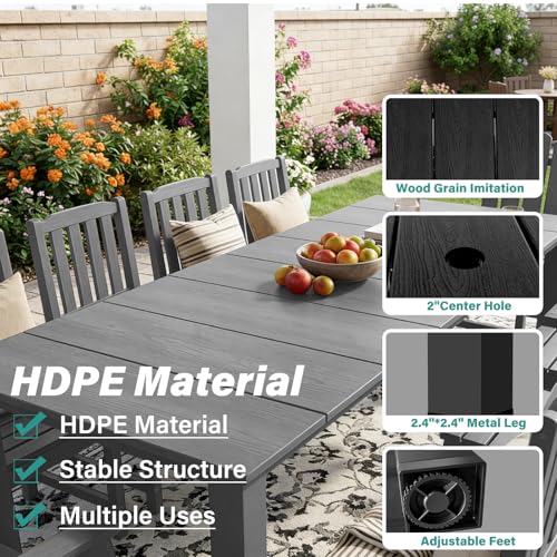 11-Piece Patio Dining Set, Outdoor Dining Set for 10, HDPE All-Weather Outdoor Furniture with 89.57” Umbrella Hole Table, 2 Armchairs & 8 Armless Chairs, Gray - color: Grey, size: 2 Armchairs & 8 Armless Chairs