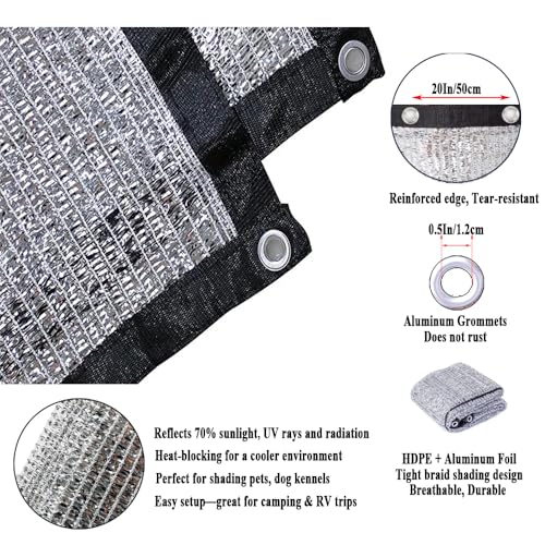 70% Aluminet Shade Cloth Reflective Sun Shade, Heat Blocker for Greenhouses, Cars, Pets, RVs, Outdoor Camping, Breathable and Foldable – Includes Bungees and Storage Bag (10x25 FT) - size: 10x25FT