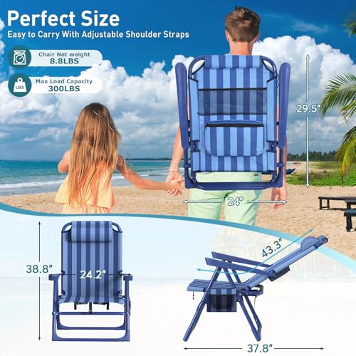 Suteck Backpack Beach Chair for Adults - 6-Position Folding Reclining Chair with Cooler Bag & Cup Holder, Lightweight Portable Beach Chair for Camping, Outdoor, Sand, Travel Use - color: Dark Blue Stripes