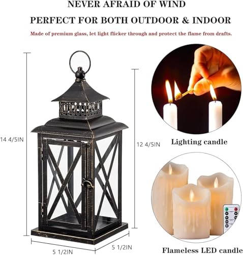 Lantern Decorative Indoor & Outdoor, Large Hanging Candle Lanterns Home Decor, Vintage Metal Candle Holders for Front Porch Patio Wedding Party, Halloween Christmas Decorations (Black) - color: Black / 14.8'' / 1 Pc