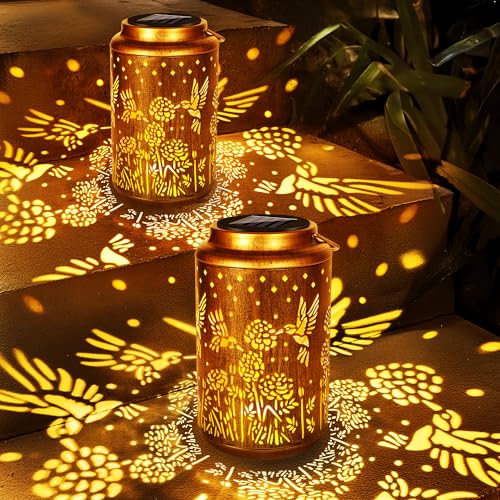 ODEETRONIC 2Pack Hummingbird Solar Lanterns - LED Solar Lantern Lights Outdoor Waterproof, Garden Lantern Lights Birthday Gift for Women, Metal Hummingbird Hanging Lanterns for Garden Yard Patio Decor - size: 2 Pack, style: Warm White - Hummingbird