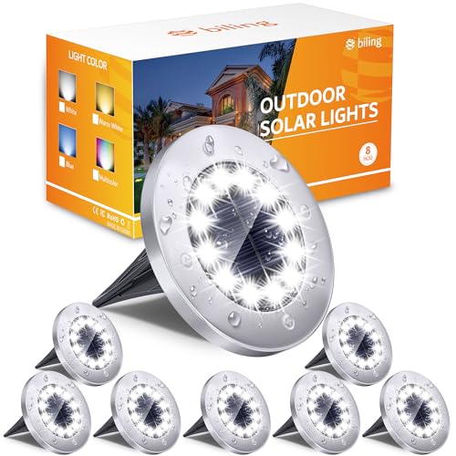 Biling Solar Ground Lights Outdoor 8 Packs, 12 LEDs Bright Flat Solar Lights Outdoor Waterproof Solar Powered for Yard Walkway Garden Driveway (White) - color: White, size: 8 Pack