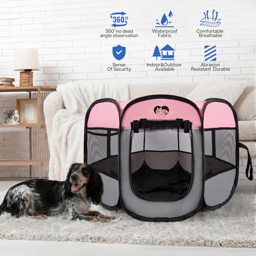 Dog Cat Playpen,Portable Foldable Tent-Outdoor Pet Crate Cage for Small Dogs,Travel Camping Use for Small Animals with Carrying Case,Indoor Enclosure for Puppy/Cats/Rabbits(Pink, S) - size: Small