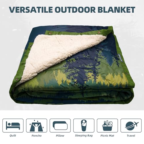 Outdoor Camping Blanket with Sherpa Lining, Extra Warm Thick Camp Blankets and Puffy Ultralight Soft Poncho DWR Camping Quilt for Cold Weather, Adventure, Sleeping, Backpacking 78"x 56" - color: Green Sierra Nevada, size: 78 x 56 inches