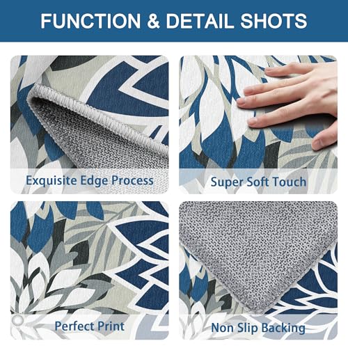 3x5 Washable Rug for Living Room Tropical Botanical Modern Floral Chenille Area Rugs Low Pile Non Slip Carpet for Patio, Bedroom, Laundry, Blue - color: Blue White, size: 3' x 5' (Rectangular)