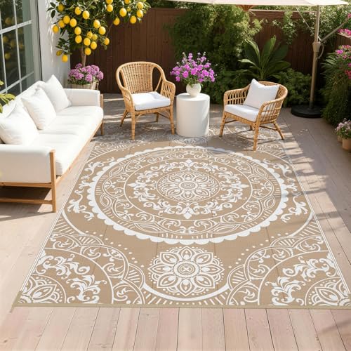Pauwer Waterproof Outdoor Rug 6x9, Reversible Plastic Straw Patio Camping Rug, Indoor Outdoor RV Mat Carpet for Deck, Camper, Porch, Balcony, Backyard, Picnic, Paisley Brown - color: Paisley Brown, size: 6' x 9' (Rectangular)