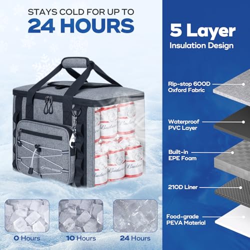 Maelstrom Soft Sided Cooler Bag, 30/40 Can Collapsible Insulated Ice Chest, Large Leakproof Portable Storage for Camping, Travel, Kayaking & Beach - color: 5.Gray with lid, size: 30 Can