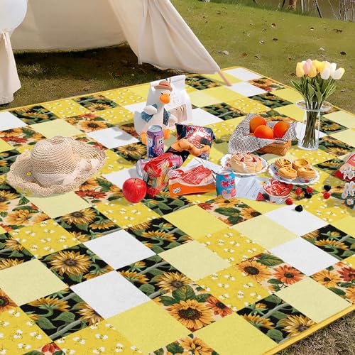 Checkered Picnic Blankets Waterproof Foldable, 60″X80″Sunflower Picnic Mat Outdoor Blanket for Grass, Cute Bee Thick Beach Blanket Sandproof Picnic Accessories for Camping Party Park Patio - color: A04, size: 5' X 6'8" (Rectangular)