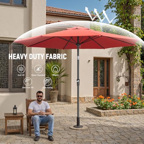 Outdoor Patio Umbrella with One Push Button Tilt and Crank, 8 Sturdy Ribs Market Table Umbrella - color: Red-Fiberglass Ribs, size: 9FT
