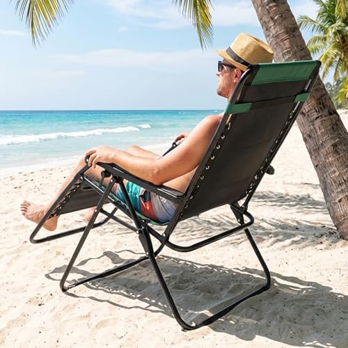 NEWBULIG Padded Zero Gravity Chair, Foldable Outdoor Lounge Chair for Patio, Camping & Backyard, Portable Anti-Gravity Recliner, Adjustable Locking, Removable Tray, 330 lbs Capacity, Black & Green