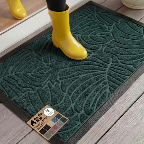 GORILLA GRIP 100% Waterproof All-Season WeatherMAX Doormat 35x23, US Designed Natural Rubber, Stain and Fade Resistant, Low Profile Indoor Outdoor Door Mats, Easy Clean Patio Mat, Green Palm - color: Green Palm, size: 35" X 23"