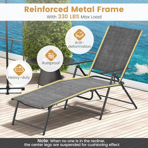 Giantex Lounge Chair Outdoor Set of 2 - Tanning Chair with 6 Adjustable Backrest, 2-Level Footrest, Folding Sunbathing Lounger for Patio, Poolside, Yard, Chaise Lounge Chair, Beach Chair (Grey) - color: Grey