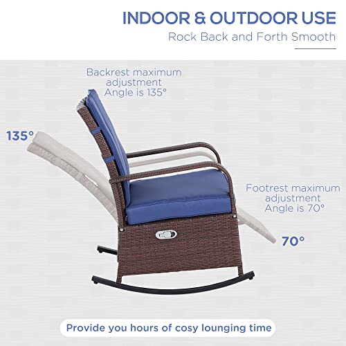 Outsunny Wicker Outdoor Rocking Chair, Patio Recliner with Adjustment Backrest, PE Rattan Lounge Chair with Adjustable Footrest and Cushions for Garden, Backyard, Porch, Blue - color: Blue