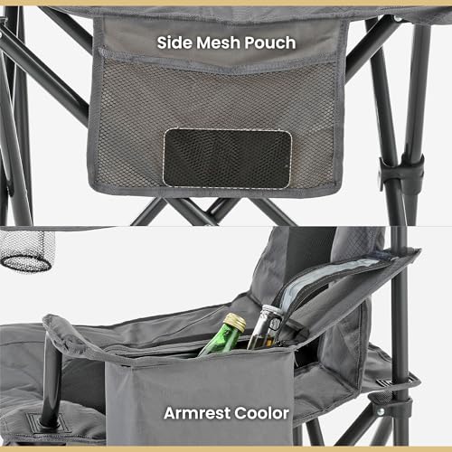 Arrowhead Outdoor Portable Folding Camping Quad Chair w/ 4-Can Cooler, Cup-Holder, Heavy-Duty Carrying Bag w/Easy Carry Shoulder Strap, Padded Armrests, Supports up to 330lbs, USA-Based Support - color: Grey