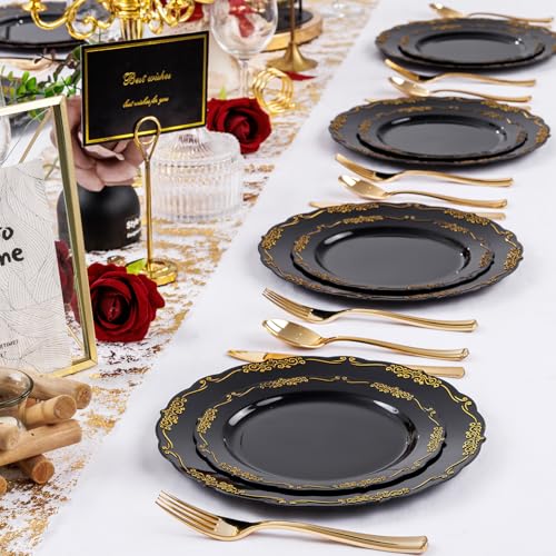 U-QE 100PCS Black and Gold Plastic Plates - Heavy Duty Black Disposable Plates Including 50PCS 10'' Dinner Plates & 50PCS 7.5'' Dessert Plates - Hard Plastic Plates for Party - color: Black/Gold