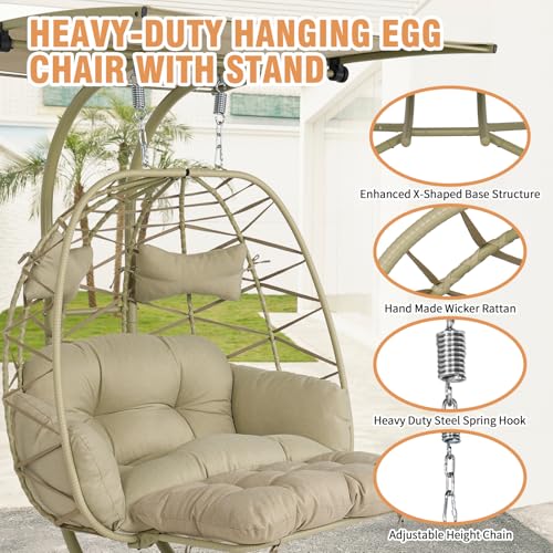 Double Egg Chair Outdoor with Stand & Canopy,Hanging Loveseat Hammock Swing Chair with Leg Rests & UV Resistant Cushion,Patio Swinging Chair,600LBS Capacity for Bedroom Balcony Garden - color: Double Chair & Footrest & Canopy, size: Khaki Frame&Floral Cus