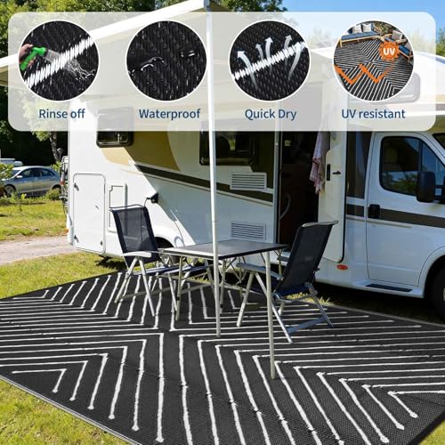 Garvee 6x9 Reversible Outdoor Rug for Patio, Waterproof Portable Camping RV Mat, Striped Modern Outdoor Carpet Black and White for Balcony Deck, Black&White. - color: Blackwhite, size: 6' x 9' (Rectangular)