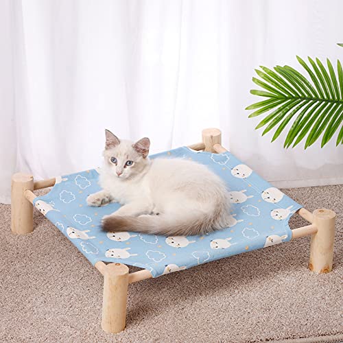 Pozico Cat & Dog Hammock Bed – Wooden Elevated Pet Cot with Breathable Mesh – Raised Cat Bed for Small Pets, Portable Puppy Bed Indoor & Outdoor Use – Blue Rabbit Design - color: Blue Rabbit