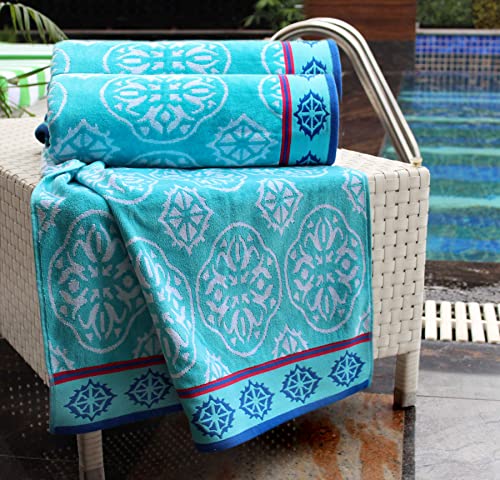 COTTON CRAFT Oversized XL Beach Towel 39 x 68-2 Pack - 100% Cotton Velour - Big & Huge - Pool Picnic Bath Towels - Jacquard Terry Thick Plush Super Soft Luxury - 450 GSM - Summer Trellis Pool Blue - color: Summer Trellis Pool Blue, size: 2 Pack - 39x68