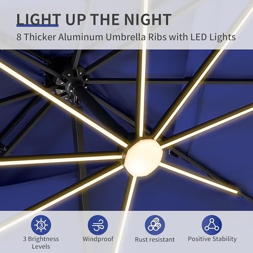 10 X 13 FT Cantilever Patio Umbrella with Base Included & Led Lights Outdoor Rectangle Offset Large Double Top Heavy Duty Umbrellas 360°Rotation for Pool Deck Backyard Garden, Navy - color: Navy, size: 10×13 FT with Base