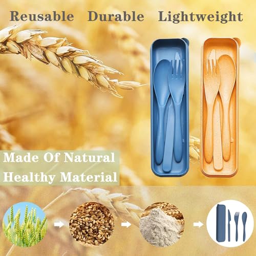 Reusable Travel Utensils Set with Case, 2 Sets Wheat Straw Portable Plastic Fork Spoons Knife Cutlery, Camping Eco-Friendly BPA Free Tableware for Kids Adults Work Picnic or Daily Use (Blue+Yellow) - color: Blue+Yellow