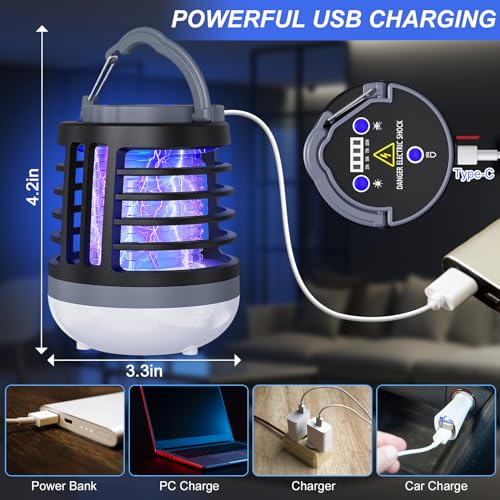 3 in 1 Indoor Bug Outdoor Mosquito Zappers, USB Rechargeable Mosquito Killer Portable Waterproof, LED Lantern Fly Zappers Camp Light Emergency Light for Home, Backyard, Camping Patio - 2 Pack