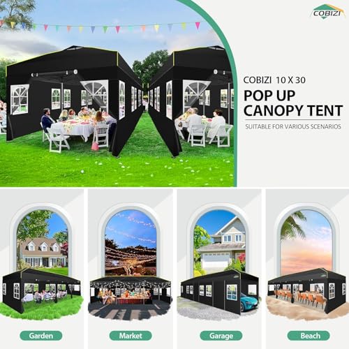 COBIZI 10x30 Pop Up Canopy with Sidewalls, One Push Easy Up Canopy UPF 50+ Waterproof Gazebo Party Tents for Parties, Backyard, Commercial Event, Black - color: Black(1-year warranty), size: 10x30