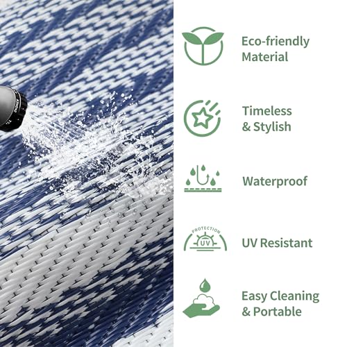 GENIMO Outdoor Rug for Patio Clearance, 9'x12' Waterproof Camping Mat, Reversible Plastic Straw Rugs for RV, Camper, Balcony, Backyard, Picnic, Deck (Blue White) - color: Blue White, size: 9' x 12' (Rectangular)