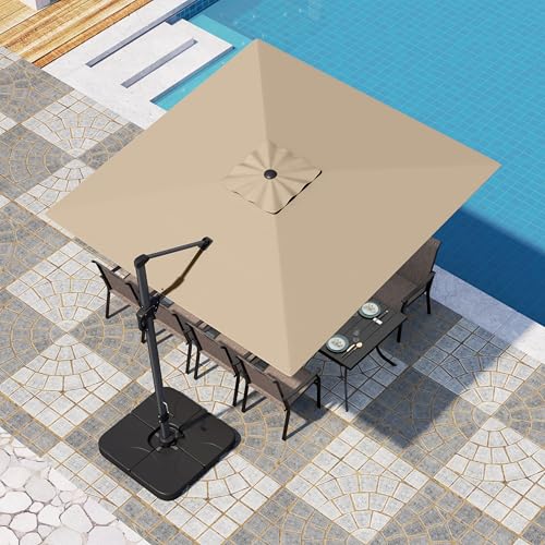 PHI VILLA 10ft Patio Umbrella with Base 360° Rotation & 7-Level Tilt Outdoor Cantilever Umbrella with Easy Crank Handle. Square Offset Umbrella Heavy Duty for Garden Poolside Backyard (Beige) - color: Beige, size: 10'x10'-With Base