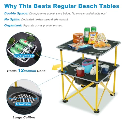 Folding Camping Table with 4 Cup Holders, Lightweight Portable Beach Outdoor Picnic Table, Square Camp Table with Built-in Food Basket Travel Bag for BBQ, Camping, Tailgate - color: Black