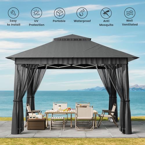 Bealife 11x11 Pop Up Gazebo Tent with Mosquito Netting, Instant Gazebo, Party Tent with Roller Bag, Pop Up Canopy Tent for Parties Patio Lawn Backyard Garden Deck, Grey - color: Gray