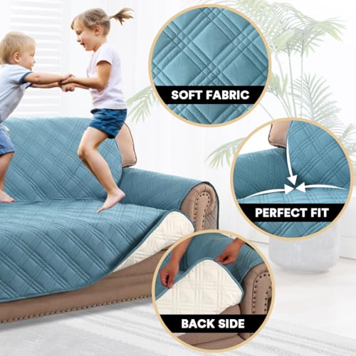 PrinceDeco 100% Waterproof Loveseat Covers for 2 Cushion Couch Sofa Covers Waterproof and Washable Sofa Slipcover with Side Pocket Furniture Protector with Elastic Straps(Loveseat 48", Smoke Blue) - color: Smoke Blue, size: Loveseat
