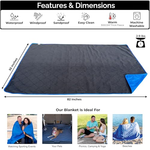 BRAWNTIDE Large Outdoor Waterproof Blanket - Extra Thick Fleece, Warm, Windproof, Sandproof, Quilted, 82" x 55", Ideal for Beaches, Picnics, Camping, Stadiums, Dogs, Car - color: Royal Blue