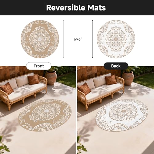 Pauwer Waterproof Outdoor Rug 6ft, Reversible Plastic Straw Patio Camping Rug, Indoor Outdoor RV Mat Carpet for Deck, Camper, Porch, Balcony, Backyard, Picnic, Boho Brown - color: Boho Brown, size: 6' (Round)
