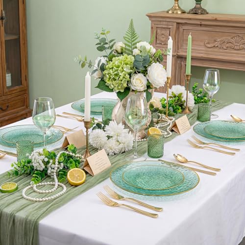 Rubtlamp 60 Green Plastic Plates, Hammered Clear and Gold Disposable Plates, Grenn Disposable Plates Include 30 Dessert Platos, 30 Dinner Platos for Party - color: Clear Green Gold