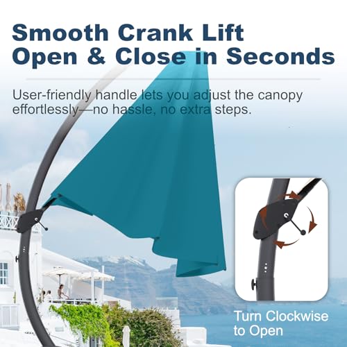 12FT Cantilever Umbrella with Base Large Curvy Outdoor Aluminum Offset Umbrella w/ 360° Rotation, UV Resistant Canopy for Patio, Garden, Backyard, Lake Blue - color: Lake Blue, size: 12FT