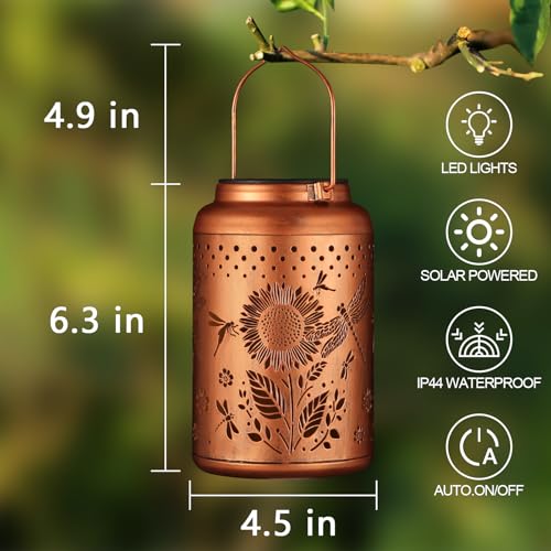 Solar Lanterns Outdoor Waterproof Hummingbird Garden Decor Christmas Gifts for Women Mom Grandma Hanging Lights Metal Decoration Outside for Yard, Patio,Backyard,Porch(Dragonfly and Sunflower) - style: Dragonfly and Sunflower
