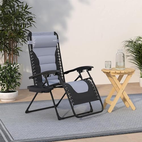 SereneLife Padded Zero Gravity Lounge Chair - Reclining Patio Chairs - Outdoor Lounge Chairs with Detachable Cup Holder Tray - Folding Recliner Chair with Removable Pillows - 1, Gray and Black - color: Grey