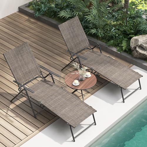 Giantex Lounge Chair Outdoor Set of 2 - Tanning Chair with 6 Adjustable Backrest, 2-Level Footrest, Folding Sunbathing Lounger for Patio, Poolside, Yard, Chaise Lounge Chair, Beach Chair (Brown) - color: Brown