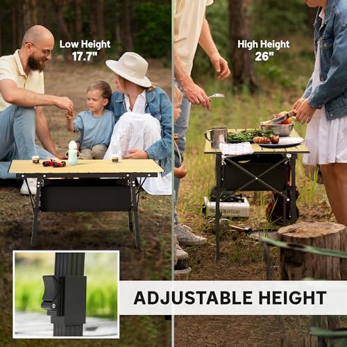 Outsunny 3ft Portable Camping Table with Storage Bag, Adjustable Height Aluminum Small Folding Table, Lightweight Picnic Table with Carry Bag for Outdoor Picnic BBQ Backyards Beach, Brown - color: Brown