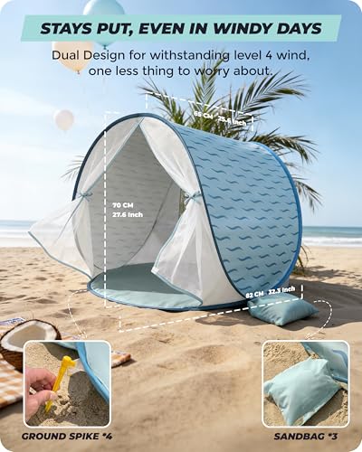 Baby Beach Tent, 2026 Upgrade Pop Up UPF 50+ UV Protection Sun Shelter Canopy with Mosquito Net Portable Outdoor Shade Summer Essentials for Babies & Toddlers- Blue - style: Blue Waves
