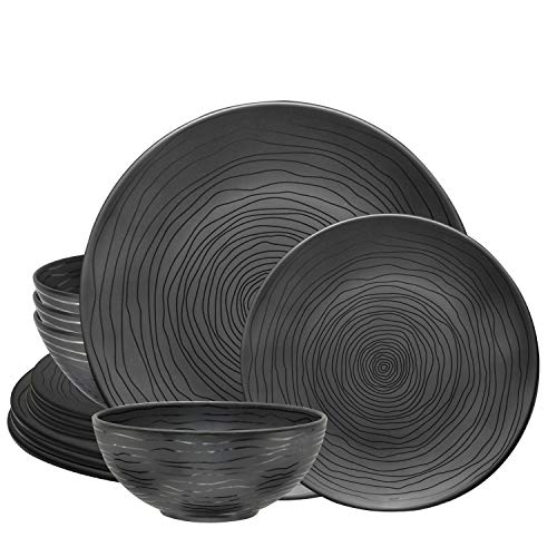 Bzyoo 12 Piece Melamine Dinnerware Set - Durable, Dishwasher Safe Organica Black Plates and Bowls Sets Casual Dish Set for Dining, Outdoor and Kitchen - color: Organica Black