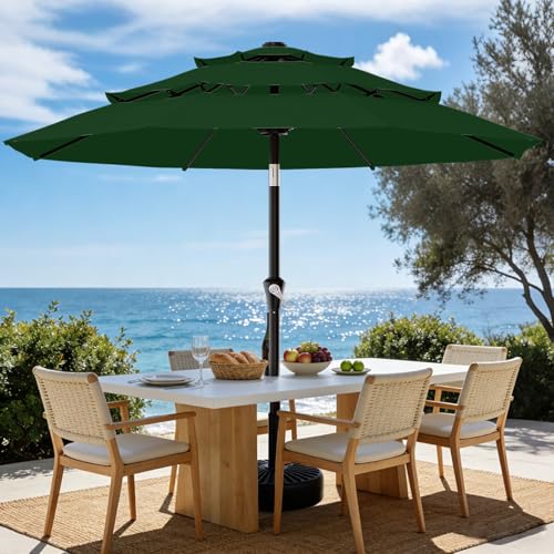AreShark 9ft 3-Tier Patio Umbrellas, Outdoor Umbrella with 8 Sturdy Ribs UV Protection Windproof, Market Table Umbrella w/Push Button Tilt & Crank for Pool, Porch, Deck, Garden(Dark Green) - color: Dark Green