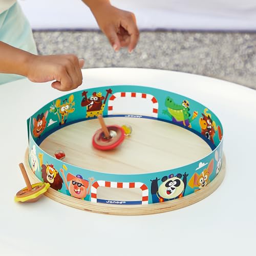 Janod Applepop Spinning Top Arena Carnival Game - 5 Piece Set - 2 Players - Ages 4-8 - J03355 - style: Spinning Top Arena