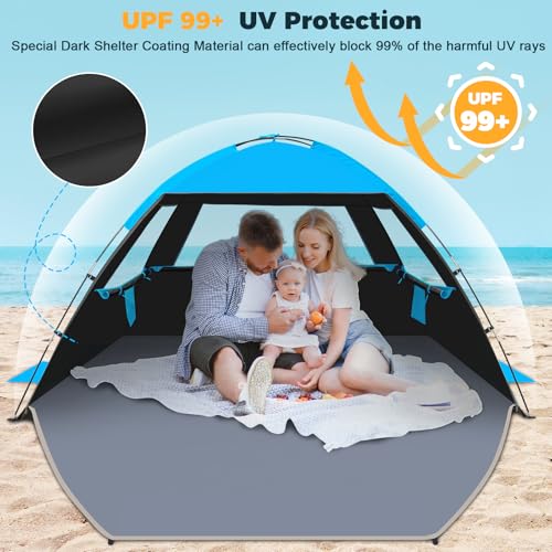 Venustas Beach Tent Sun Shelter for 3/4/6/8 Person, UPF 50+ UV Protection Beach Canopy, Lightweight and Easy Setup Cabana, Portable Shade Tent - color: Dark Shelter-Sky Blue, size: 3 Person