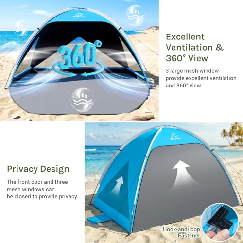 Wolfwise Large Beach Tent Sun Shelter for 3-4 Person, Spacious Sun Shade UPF 50+ UV Protection, Extendable Floor for Privacy, 3 Ventilated Mesh Windows, Carrying Bag, 95 ″x65″x55″,Black Coating - color: Black Coating