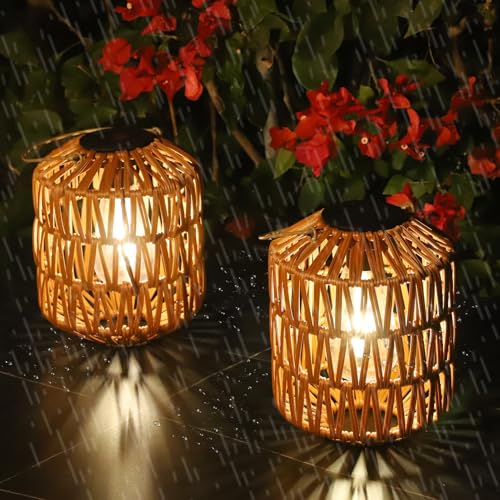 2 Pack Solar Lanterns Outdoor Waterproof, Rattan Solar Lights for Yard, Outdoor Garden Lights, Hanging Lanterns Decorative Birthday Gifts for Mom Grandma, Outdoor Lanterns for Porch Patio Pathway - size: 2 Pack-Brown