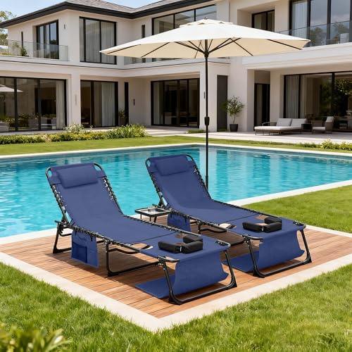 Face Down Chaise Lounge Chair Set of 2, 5-Position Adjustable Sunbathing, Foldable Tanning Chair with Face& Arm Holes, Outdoor Recliner Chair for Pool, Beach, Patio, Lawn (Dark Blue, 2 Pcs) - color: Navy Blue&hole