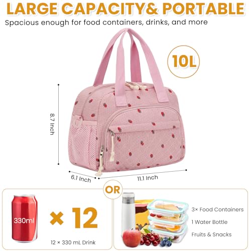 ELONGRIVER Corduroy Insulated Lunch Bag for Women Teen Girls, Portable Adult Lunch Box, Reusable Tote Cooler Bags, Lightweight Womens Lunch Bags with Front Pockets Work Picnic Travel, Pink Strawberry - color: Pink Strawberry