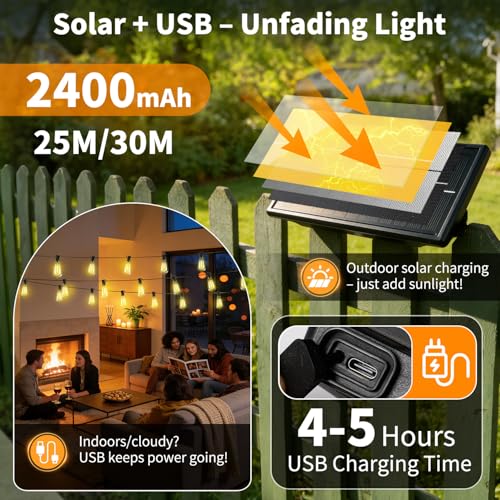 Solar Lights Outdoor Waterproof: ST38 100FT 30M Shatterproof Bulbs Patio Lights - Solar Powered & USB Charging- Remote Control 3 Light Modes Dimmable Solar Light - Camping Backyard Garden - size: 100FT-Remote